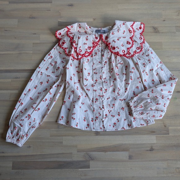 Mint Velvet Strawberry Print Scalloped Collar Blouse Pink/Red Women's Size 6 - Picture 4 of 12